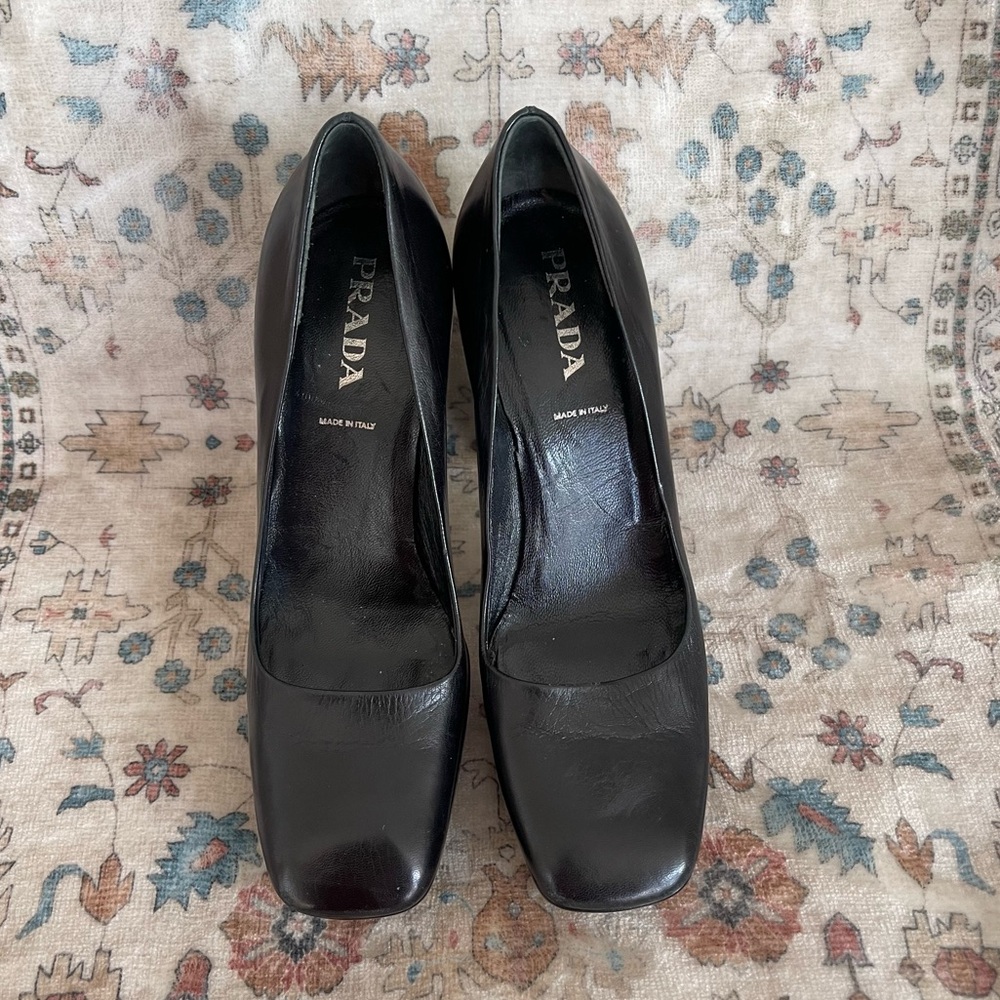 Prada Black Square Toe Leather Platform Vintage Heels